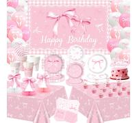 Décorations d'anniversaire avec nœud rose, décorations de fête, assiettes, tasses, serviettes, nappe de fête, toile de fond « Happy Birthday », ballons de table, décorations de gâteau pour coquette