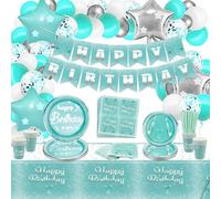 Décorations d'anniversaire bleu sarcelle et argent pour les filles et les femmes, comprenant une bannière Happy Birthday, une nappe, des ballons, de la vaisselle en papier, pour 20 invités
