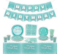 Décorations d'anniversaire bleu sarcelle et argent pour les filles et les femmes, comprenant une bannière Happy Birthday, une nappe, de la vaisselle en papier, pour 20 invités