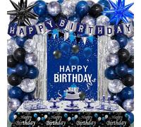 Décorations d'anniversaire bleues et noires pour hommes et femmes, décorations « Happy Birthday » pour garçons, bannière de porte bleue, ballons, nappe de fond en aluminium, ballons en forme d'étoile
