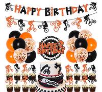 Décorations d'anniversaire BMX pour garçons - Bannière Happy Birthday en forme de vélo tout-terrain pour cupcakes sur le thème des sports extrêmes Fournitures de fête d'anniversaire orange et noir