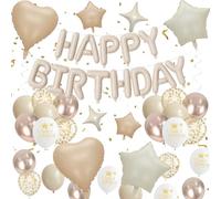Décorations d'anniversaire bohème beige crème pour femme - Neutre nude sable blanc champagne doré - Ballons confettis dorés - Bannière « Happy Birthday » - Ballons en forme de cœur et d'étoiles pour