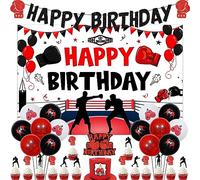 Décorations d'anniversaire Boxe Sports Lutte Boxeur Fournitures de Fête pour Garçons 1 2 3 4 5 ans, Noir-Rouge Ballons Backdrop Glitter Cake Toppers