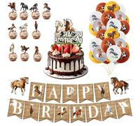 Décorations d'anniversaire Cheval, Ballons Cheval + Cupcake Toppers + Bannière "HAPPY BIRTHDAY", Fournitures de Fête d'anniversaire pour les Thèmes de Fête de Cheval et les Amoureux des Chevaux