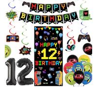 Décorations d'anniversaire de jeu vidéo pour garçons - Fournitures de fête d'anniversaire pré-enfilées pour 12e anniversaire avec bannière de porte à suspendre - Bannière de ballons tourbillons à