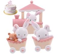 Décorations d'anniversaire de lapin, 3pcs / Set Gale Soft Glue Cake Topper avec mini train, figurine de lapin décorative pour décoration de gâteau d'anniversaire