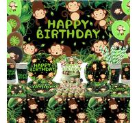 Décorations d'anniversaire de singe, décoration de fête de singe, assiettes, tasses, serviettes, nappe, toile de fond « Happy Birthday », décorations de gâteau pour fournitures d'animaux de la jungle