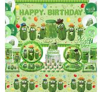 Décorations d'anniversaire en forme de cornichon - Vaisselle, assiettes, tasses, serviettes, nappe de fête de cornichon, toile de fond « Happy Birthday », ballons pour décoration de gâteau