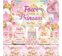 Décorations d'anniversaire « Four Ever a Princess », comprend une toile de fond, des assiettes, des serviettes, des décorations de gâteau, des ballons, des nappes, pour 4e anniversaire de fille, pour