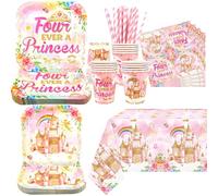Décorations d'anniversaire « Four Ever a Princess », y compris assiettes, tasses, serviettes, nappes, pailles, pour 4e anniversaire de fille, pour 20 ans