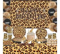 Décorations d'anniversaire guépard - Imprimé léopard - Fournitures de fête avec inscription « Happy Birthday Backdrop » - Nappe de table - Ballons pour fête imprimée jungle - Safari - Fête prénatale