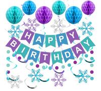 Décorations d'anniversaire La Reine des Neiges pour filles et femmes - Bannière « Happy Birthday » avec boules en nid d'abeille, flocons de neige à suspendre, serpentins, guirlandes de pois ronds -