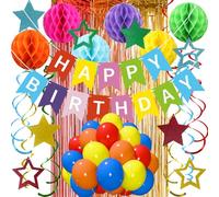 Décorations d'anniversaire multicolores pour femmes et filles, ballons Recosis dans les tons arc-en-ciel avec bannière « Happy Birthday », boules en nid d'abeille, tourbillons à suspendre en forme