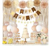 Décorations d'anniversaire neutres pour femmes, hommes et filles, confettis blancs, sable doré, ballons métalliques, papillons, autocollants, rideau à franges, bannière « Happy Birthday », pompons en