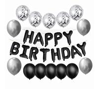 Décorations d'anniversaire noires et argentées avec bannière de ballons « Happy Birthday » - Kit de ballons confettis pour hommes, garçons, filles, femmes - Fournitures de fête d'anniversaire