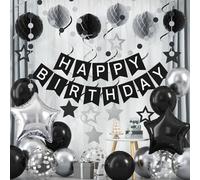 Décorations d'anniversaire noires et argentées, bannière « Happy Birthday » avec ballons noirs et argentés, boules en nid d'abeille, serpentins à suspendre, guirlande à pois cercles, décorations de