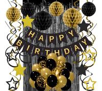 Décorations d'anniversaire noires et dorées pour homme et femme, ballons Recosis dans les tons noirs et dorés avec bannière « Happy Birthday », boules en nid d'abeille, tourbillons à suspendre