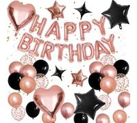 Décorations d'anniversaire or rose et noir pour femme - Ballons de fête métallisés avec perles noires et or rose - Ballons à confettis - Bannière « Happy Birthday » - Ballons en forme d'étoile pour
