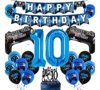 Décorations d'anniversaire pour 10e anniversaire de jeu vidéo - Kit de 38 pièces - Bannière « Happy Birthday » - Ballon en aluminium bleu en forme de chiffre 10 - Ballons manette de jeu pour garçon