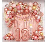 Décorations d'anniversaire pour 13e anniversaire avec bannière « Happy 13th Birthday » - Rideau à franges - Perles métalliques - Confettis or rose clair et blanc - Ballons pour 13e anniversaire