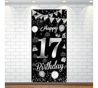 Décorations d'anniversaire pour 17 ans - Toile de fond « Happy 17th Birthday » - Bannière noire et argentée - Décoration de cabine pour filles et garçons de 17 ans - Accessoires photo - 180 x 90 cm