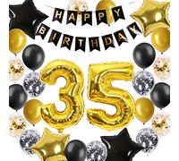 Décorations d'anniversaire pour 35e anniversaire,Noir et doré,Bannières d'anniversaire en forme de chiffre 35,Ballons confettis en aluminium pour encourager les enfants de 35 ans (35e ans)