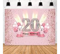 Décorations d'anniversaire pour femme - Toile de fond « Happy 20th Birthday » - Bannière décorative pour fête d'anniversaire de 20 ans - Affiche en tissu rose - Fond photo pour 20e anniversaire -