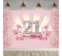 Décorations d'anniversaire pour femme - Toile de fond « Happy 21st Birthday » - Décoration de fête d'anniversaire pour femme de 21 ans - Affiche en tissu rose - Fond photo pour 21e anniversaire -