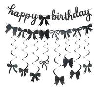 Décorations d'anniversaire pour femmes et filles, bannière noire « Happy Birthday », nœuds noirs, guirlande et tourbillons à suspendre, décoration de fête pour filles, nœud de personnalité