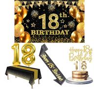 Décorations d'anniversaire pour garçons et filles avec bannière de 18e anniversaire, nappe noire et dorée, ballons en chiffres, écharpe à paillettes noires, décoration de gâteau et bougies