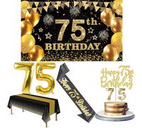 Décorations d'anniversaire pour homme et femme avec bannière 75e anniversaire, nappe noire et dorée, ballons en chiffres, écharpe à paillettes noires, décoration de gâteau et bougies