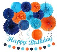 Décorations d'anniversaire pour homme Orange Bluey - 21 pièces - Guirlande Happy Banner - Lanternes en papier - Pompons en papier - Décoration murale à suspendre Huglony