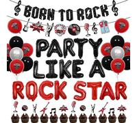 Décorations d'anniversaire rock and roll, bannière de notes de musique Born To Rock avec ballon en aluminium noir et rouge pour enfants et adultes sur le thème de la musique