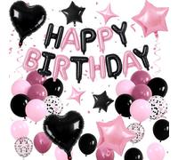 Décorations d'anniversaire rose et noir pour filles et femmes - Ballons confettis - Bannière « Happy Birthday » - 45,7 x 25,4 cm - Ballons étoile pour fournitures de fête d'anniversaire