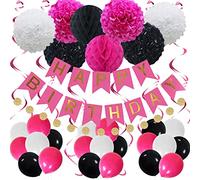 Décorations d'anniversaire rose vif, noir et blanc pour 1er, 16e, 18e, 21e, 30e, 40e, 50e, 60e 70e anniversaire, bannière « Happy Birthday » avec pompons en tissu pour fête d'anniversaire pour femmes et filles