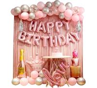 Décorations d'anniversaire roses pour femmes, décorations de fête d'anniversaire pour filles, rideau à franges rose, bannière « Happy Birthday », ballons Happy Birthday