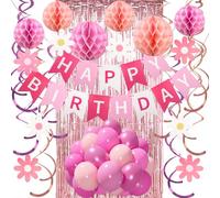 Décorations d'anniversaire roses pour femmes et filles, ballons Recosis dans les tons roses avec bannière « Happy Birthday », boules en nid d'abeille, tourbillons à suspendre, décoration de rideau en