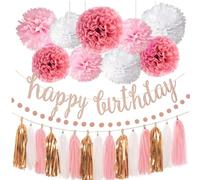Décorations d'anniversaire roses pour fêtes et mariages | Pompons en papier, guirlandes à pompons et banderole « Happy Birthday » pour filles et femmes