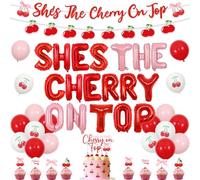 Décorations d'anniversaire « She's the Cherry on Top » - Bannière de ballons sur le thème des cerises rouges - Décorations de cupcakes pour filles - Pour fête d'anniversaire, fête prénatale, fête