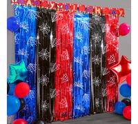 Décorations d'anniversaire style toile d'araignée, 1/2/4 paquets d'accessoires de fête d'araignée, rideaux à franges en lamé de 3,3 x 6,6 pieds en rouge, noir et bleu, décor de photobooth, décoration