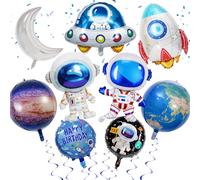 Décorations d'anniversaire sur le thème de l'espace - Ensemble de 9 pièces de décoration de fête extérieure avec vaisseau spatial 3D, grande fusée astronaute mignonne et ballon en aluminium 4D pour