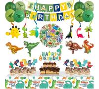 Décorations d'anniversaire sur le thème des dinosaures avec bannières, ballons, décorations pour cupcakes et autocollants
