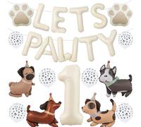 Décorations d'anniversaire sur le thème du chien, décoration de fête beige avec bannière de ballons Lets Pawty de 40,6 cm, en forme de chiens mignons et empreintes de pattes pour animaux de compagnie