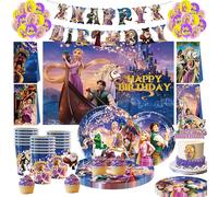 Décorations d'anniversaire Tangled Raiponce : Vaisselle, Gobelets, Assiettes, Serviettes, Ballons, Bannière, Toile de fond, Sacs en papier - Fournitures de fête pour enfants et filles 1 set