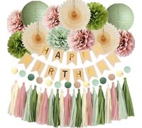 Décorations d'Anniversaire Vert Olive et Rose Poudré, Guirlande de Pompons Bohème Sauge avec Ornements pour Fête