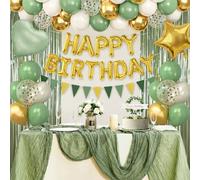Décorations d'anniversaire vert sauge, décorations de fête d'anniversaire bohème avec ballons verts et dorés, bannière « Happy Birthday », décorations d'anniversaire neutres pour femmes et adultes