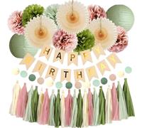 Décorations d'anniversaire vert sauge et rose pour fêtes et mariages | Pompons en papier de soie, éventails en papier, lanternes et banderole « Happy Birthday » pour filles et femmes