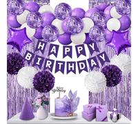 Décorations d'anniversaire violet pour femmes, Guirlande Happy Birthday, bannière de banderole,pompons, rideau de feuille d'aluminium violet pour Bday Engagement Anniversary Party Decor Suit