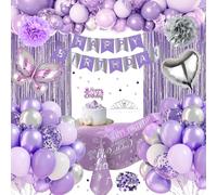 Décorations d'anniversaire violettes, ensemble de décorations de fête argenté violet avec bannière Happy Birthday, ballons en latex, rideau à franges, nappe, écharpe, couronne de diadème, pompons pour