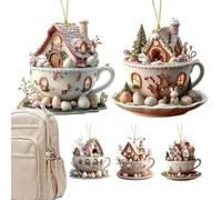 Décorations d'arbre de lapin de Pâques - Charmantes décorations plates en acrylique, pendentifs en forme d'animaux en forme de tasse de thé, assortiment de cinq pièces, embellissements fantaisistes po
